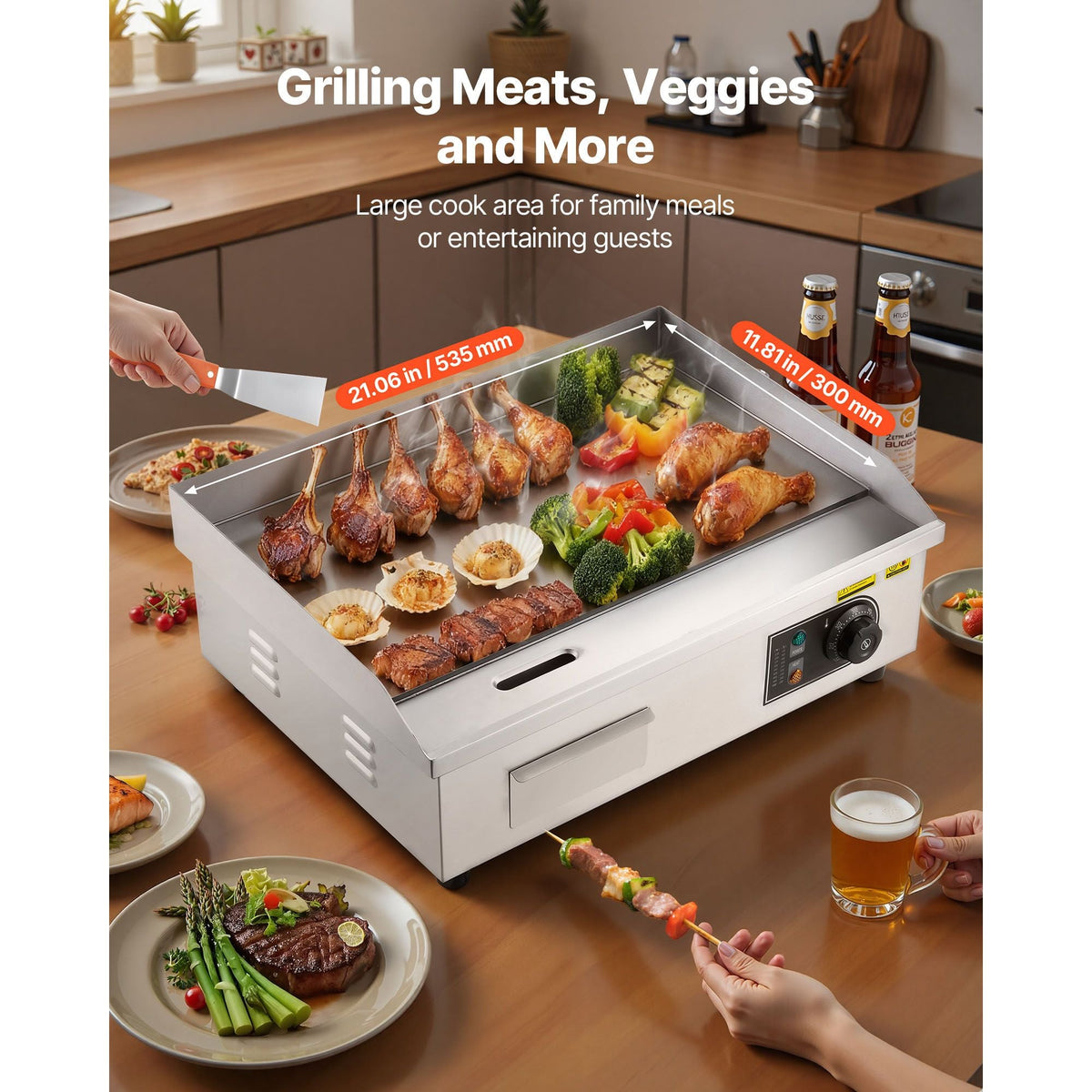 Commercial Electric Griddle, 21.06 x 11.81 inch, 3200W, 122-570 Fahrenheit Adjustable Temp Control, Stainless Steel Body, Full Flat, with 2 Spatulas, 2 Brushes, and 4 Foot Pads