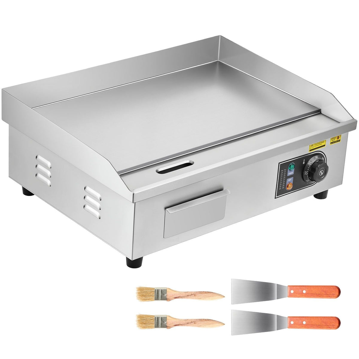 Commercial Electric Griddle, 21.06 x 11.81 inch, 3200W, 122-570 Fahrenheit Adjustable Temp Control, Stainless Steel Body, Full Flat, with 2 Spatulas, 2 Brushes, and 4 Foot Pads