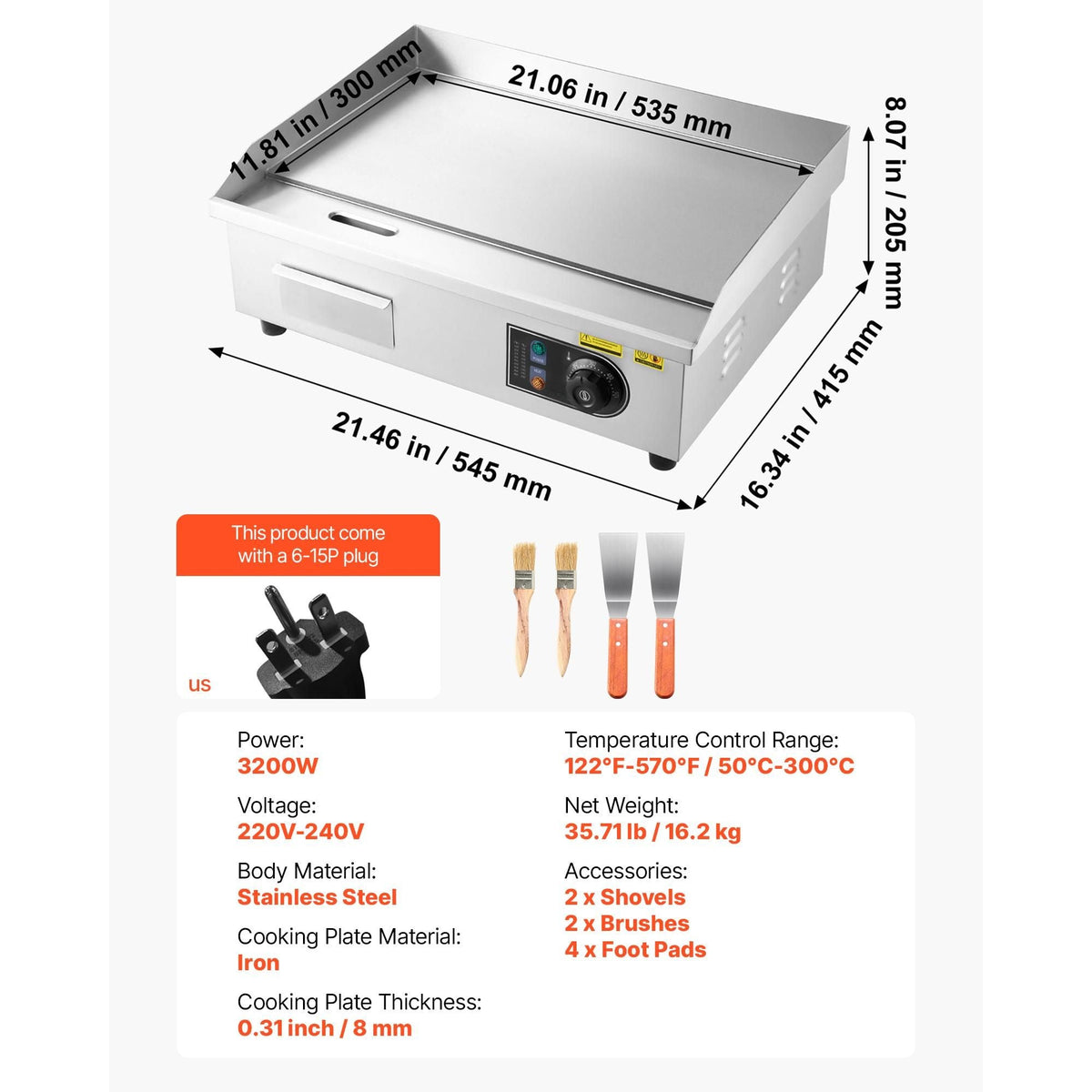 Commercial Electric Griddle, 21.06 x 11.81 inch, 3200W, 122-570 Fahrenheit Adjustable Temp Control, Stainless Steel Body, Full Flat, with 2 Spatulas, 2 Brushes, and 4 Foot Pads