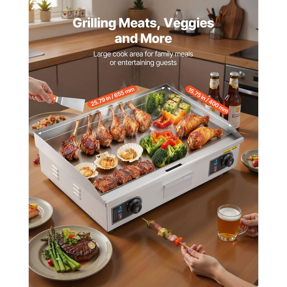 Commercial Electric Griddle, 25.79 x 15.75 inch, 2800W, 122-570 Fahrenheit Adjustable Temp Control, Stainless Steel Body, Full Flat, with 2 Spatulas, 2 Brushes, and 4 Foot Pads, for Steak