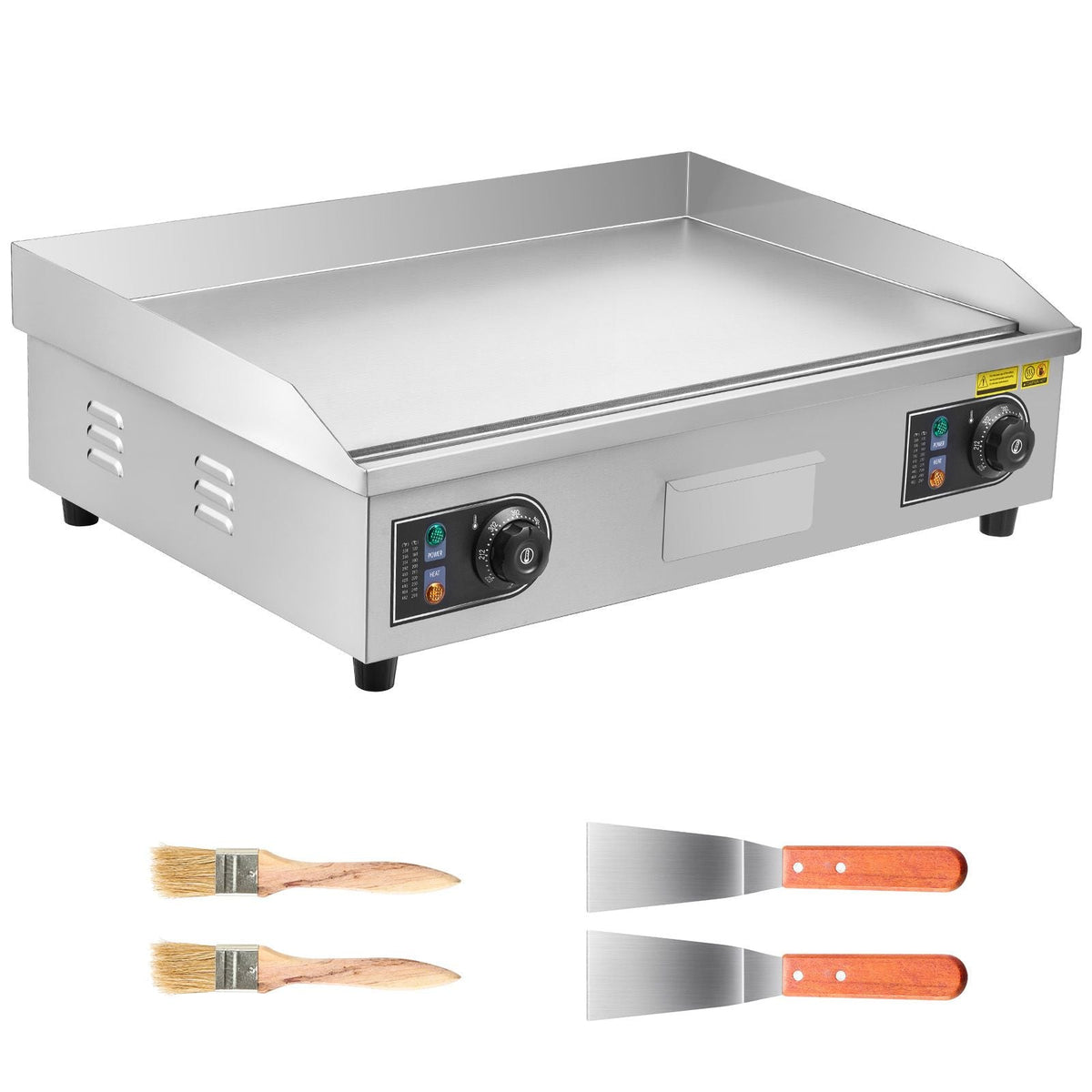 Commercial Electric Griddle, 25.79 x 15.75 inch, 2800W, 122-570 Fahrenheit Adjustable Temp Control, Stainless Steel Body, Full Flat, with 2 Spatulas, 2 Brushes, and 4 Foot Pads, for Steak