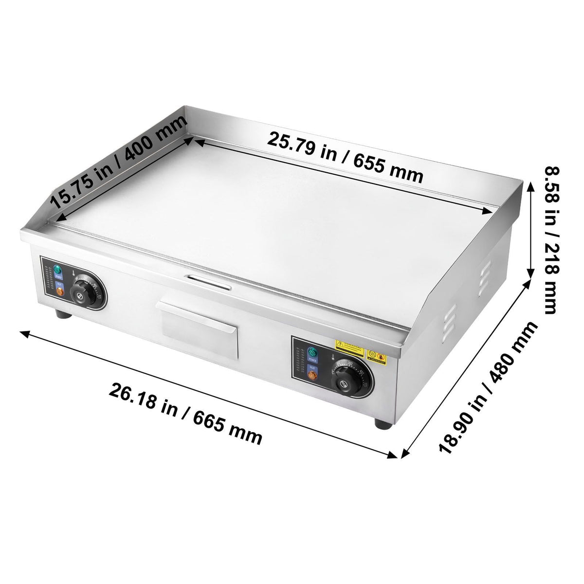 Commercial Electric Griddle, 25.79 x 15.75 inch, 2800W, 122-570 Fahrenheit Adjustable Temp Control, Stainless Steel Body, Full Flat, with 2 Spatulas, 2 Brushes, and 4 Foot Pads, for Steak
