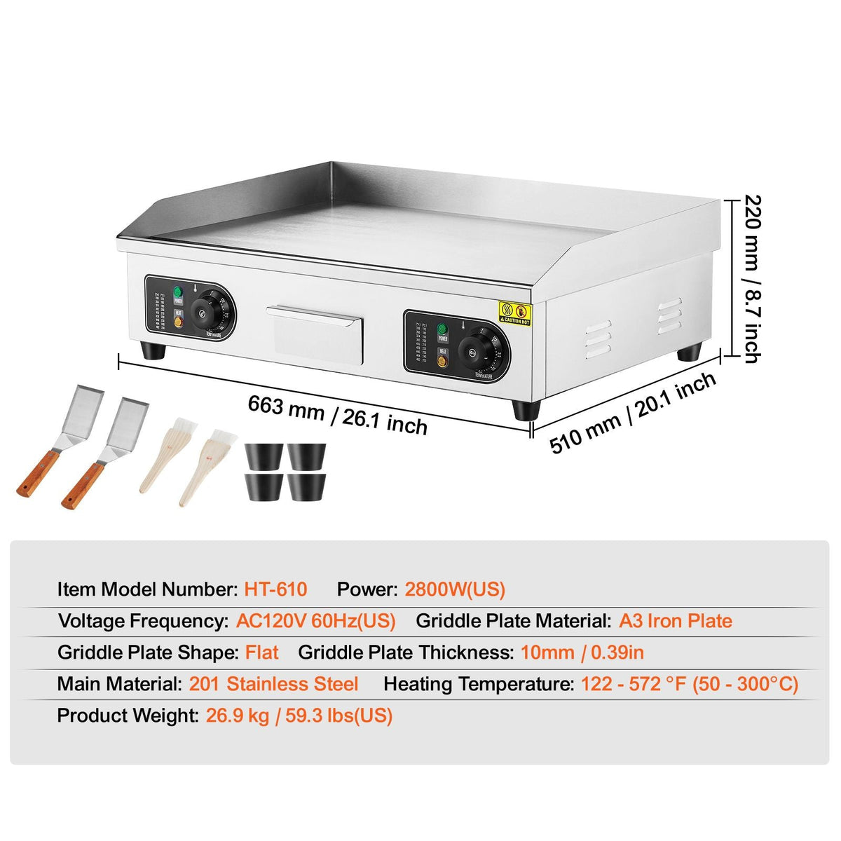 Commercial Electric Griddle, 2800W Countertop Flat Top Grill, 122-572 F Adjustable Temp, 25.98x15.75x0.39in Stainless Steel Griddle Grill with 2 Shovels, 2 Brushes, for Home Restaurant(No Plug)