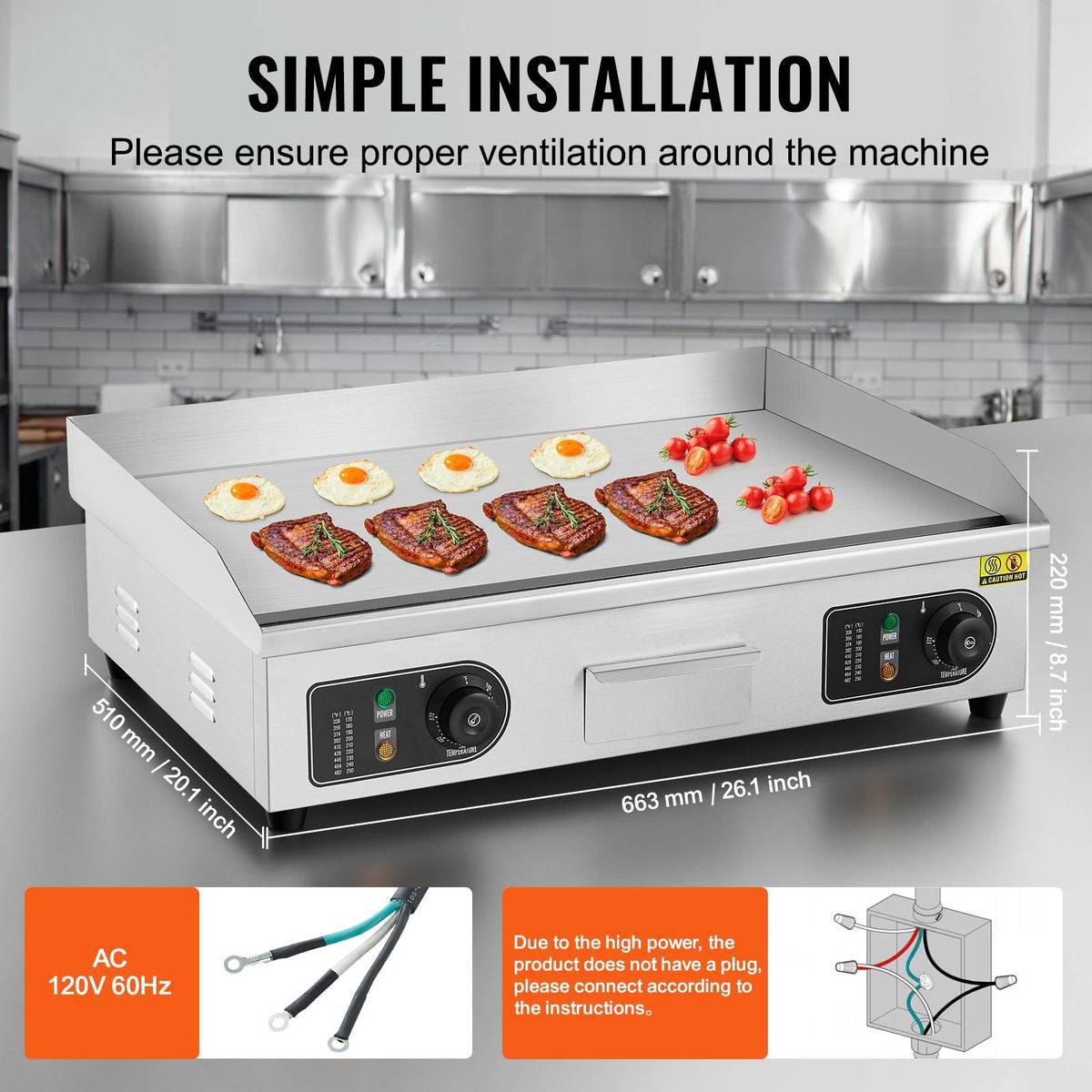 Commercial Electric Griddle, 2800W Countertop Flat Top Grill, 122-572 F Adjustable Temp, 25.98x15.75x0.39in Stainless Steel Griddle Grill with 2 Shovels, 2 Brushes, for Home Restaurant(No Plug)