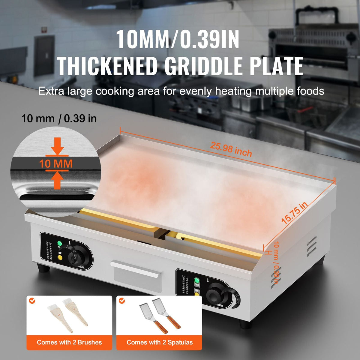 Commercial Electric Griddle, 2800W Countertop Flat Top Grill, 122-572 F Adjustable Temp, 25.98x15.75x0.39in Stainless Steel Griddle Grill with 2 Shovels, 2 Brushes, for Home Restaurant(No Plug)