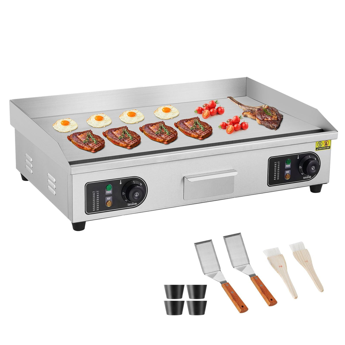 Commercial Electric Griddle, 2800W Countertop Flat Top Grill, 122-572 F Adjustable Temp, 28.74x15.75x0.39in Stainless Steel Griddle Grill with 2 Shovels, for Home Restaurant(No Plug)