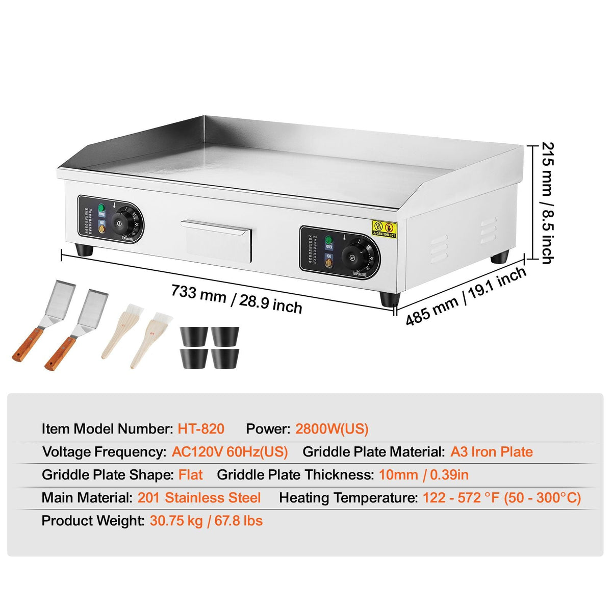 Commercial Electric Griddle, 2800W Countertop Flat Top Grill, 122-572 F Adjustable Temp, 28.74x15.75x0.39in Stainless Steel Griddle Grill with 2 Shovels, for Home Restaurant(No Plug)