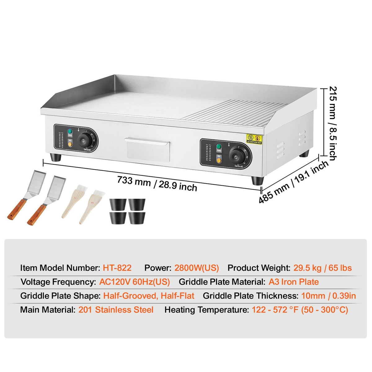 Commercial Electric Griddle, 2800W Countertop Half-Flat Top Grill, 122-572 F Adjustable Temp, 28.74x15.75x0.39in Stainless Steel Griddle Grill with 2 Shovels for Home or Restaurant (No Plug)