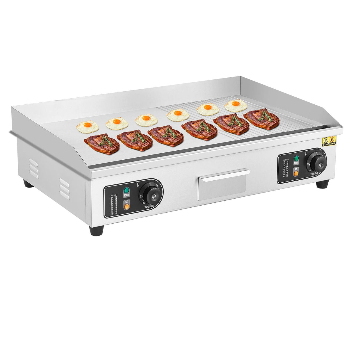 Commercial Electric Griddle, 2800W Countertop Half-Flat Top Grill, 122-572 F Adjustable Temp, 28.74x15.75x0.39in Stainless Steel Griddle Grill with 2 Shovels for Home or Restaurant (No Plug)