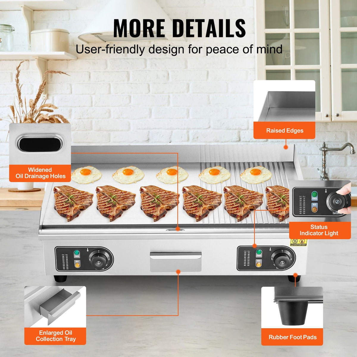 Commercial Electric Griddle, 2800W Countertop Half-Flat Top Grill, 122-572 F Adjustable Temp, 28.74x15.75x0.39in Stainless Steel Griddle Grill with 2 Shovels for Home or Restaurant (No Plug)
