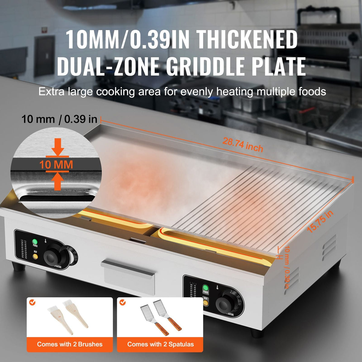 Commercial Electric Griddle, 2800W Countertop Half-Flat Top Grill, 122-572 F Adjustable Temp, 28.74x15.75x0.39in Stainless Steel Griddle Grill with 2 Shovels for Home or Restaurant (No Plug)