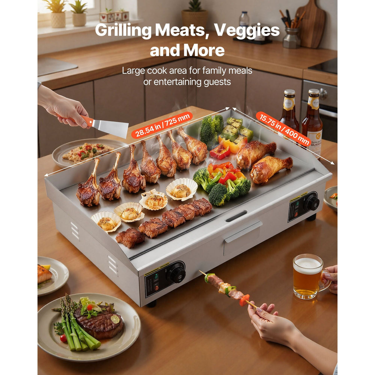 Commercial Electric Griddle, 28.54 x 15.75 in, 2800W, 122-570°F Adjustable Temp Control, Stainless Steel Countertop Flat Top Grill with 2 Spatulas, 2 Brushes, and 4 Foot Pads, for Steak