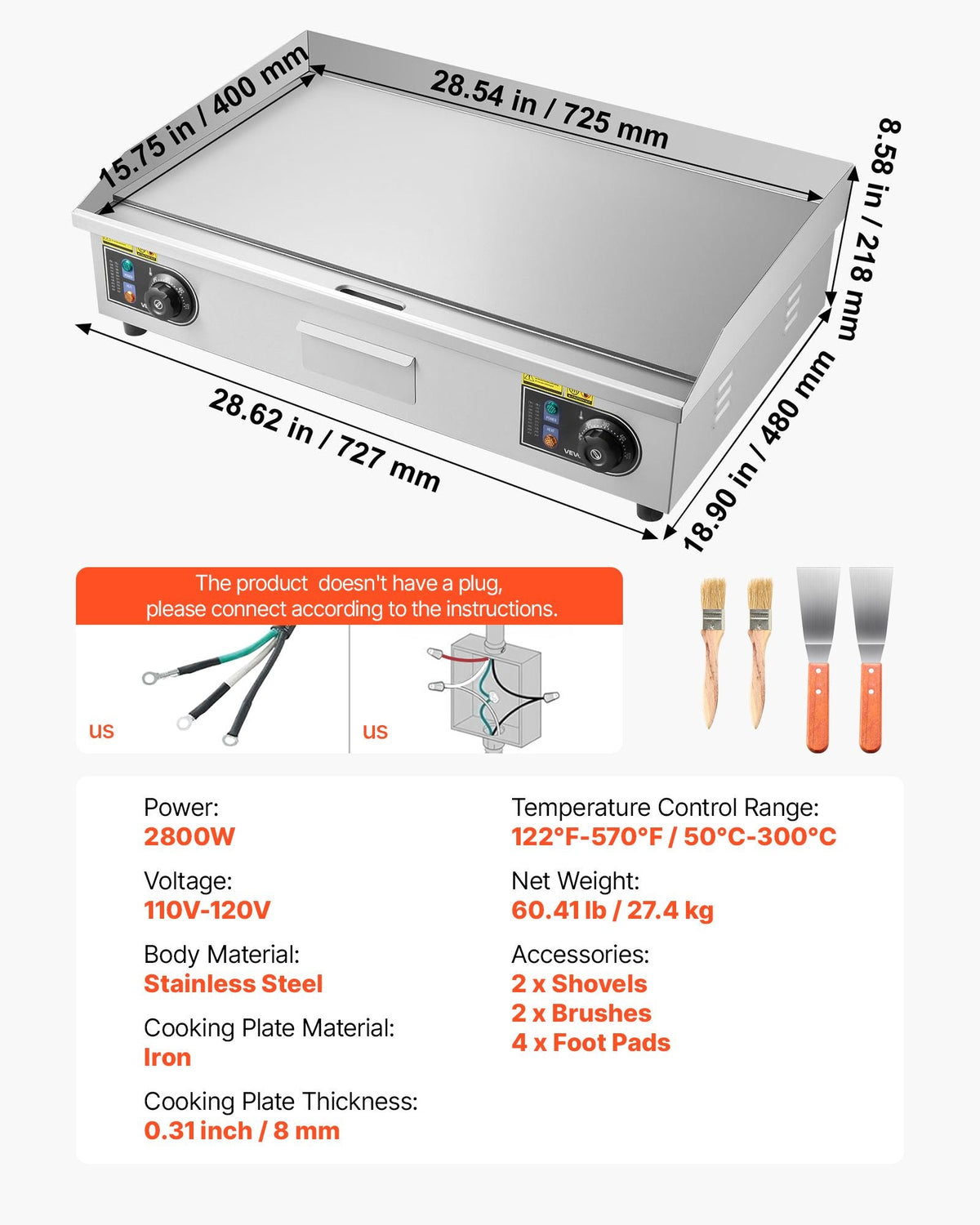 Commercial Electric Griddle, 28.54 x 15.75 in, 2800W, 122-570°F Adjustable Temp Control, Stainless Steel Countertop Flat Top Grill with 2 Spatulas, 2 Brushes, and 4 Foot Pads, for Steak