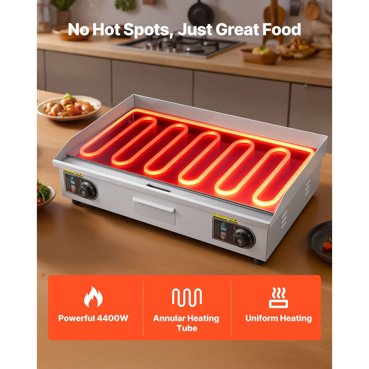 Commercial Electric Griddle, 28.54 x 15.75 in, 2800W, 122-570°F Adjustable Temp Control, Stainless Steel, Half Grooved Half Flat, with 2 Spatulas, 2 Brushes, and 4 Foot Pads, for Steak(NO PLUG)