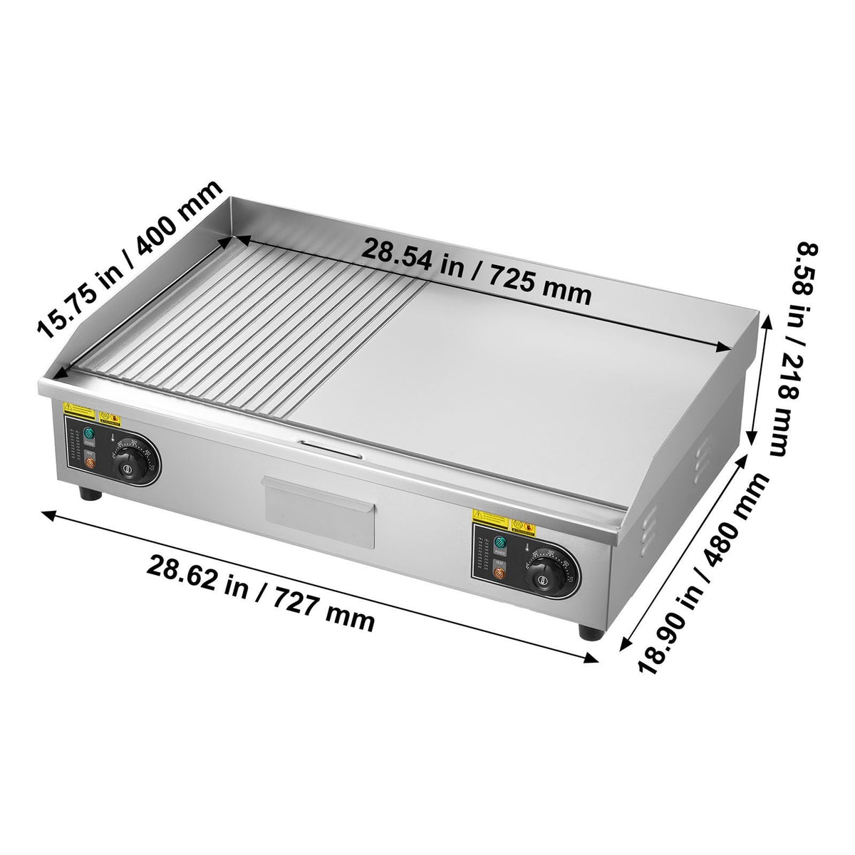 Commercial Electric Griddle, 28.54 x 15.75 in, 2800W, 122-570°F Adjustable Temp Control, Stainless Steel, Half Grooved Half Flat, with 2 Spatulas, 2 Brushes, and 4 Foot Pads, for Steak(NO PLUG)