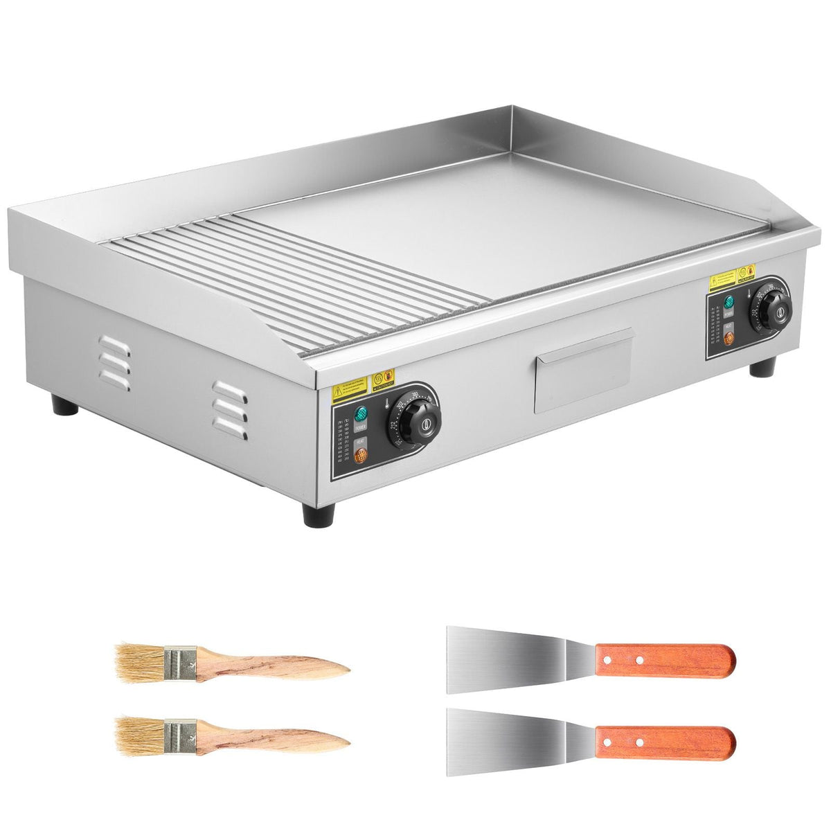 Commercial Electric Griddle, 28.54 x 15.75 in, 2800W, 122-570°F Adjustable Temp Control, Stainless Steel, Half Grooved Half Flat, with 2 Spatulas, 2 Brushes, and 4 Foot Pads, for Steak(NO PLUG)
