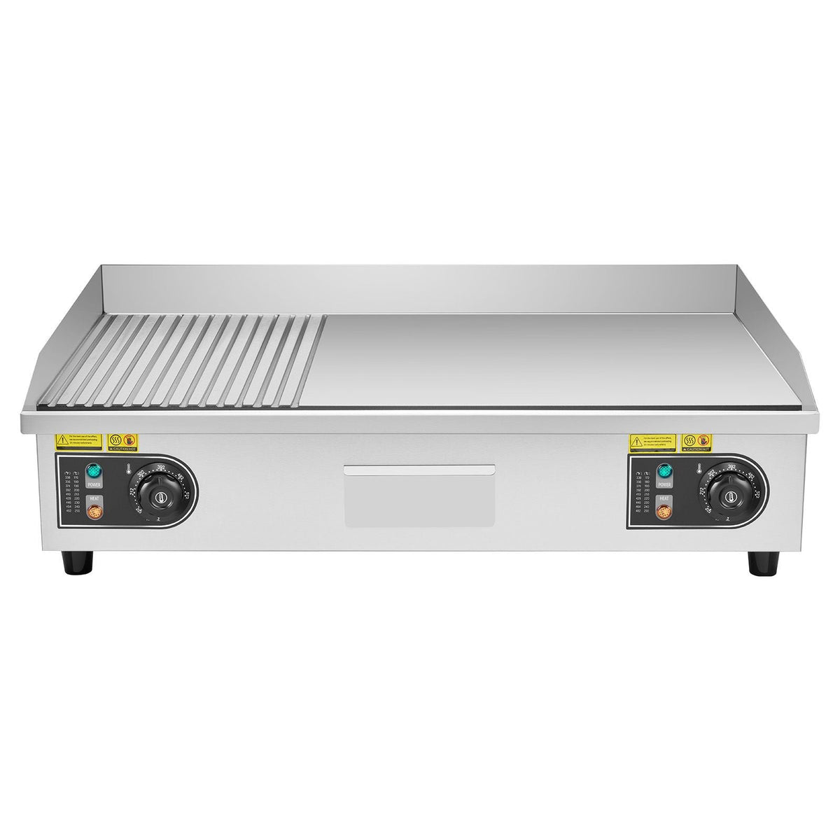 Commercial Electric Griddle, 28.54 x 15.75 in, 2800W, 122-570°F Adjustable Temp Control, Stainless Steel, Half Grooved Half Flat, with 2 Spatulas, 2 Brushes, and 4 Foot Pads, for Steak(NO PLUG)