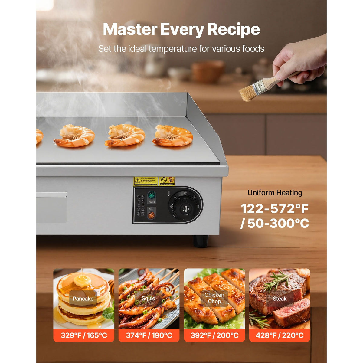 Commercial Electric Griddle, 28.54 x 15.75 in, 2800W, 122-570°F Adjustable Temp Control, Stainless Steel, Half Grooved Half Flat, with 2 Spatulas, 2 Brushes, and 4 Foot Pads, for Steak(NO PLUG)