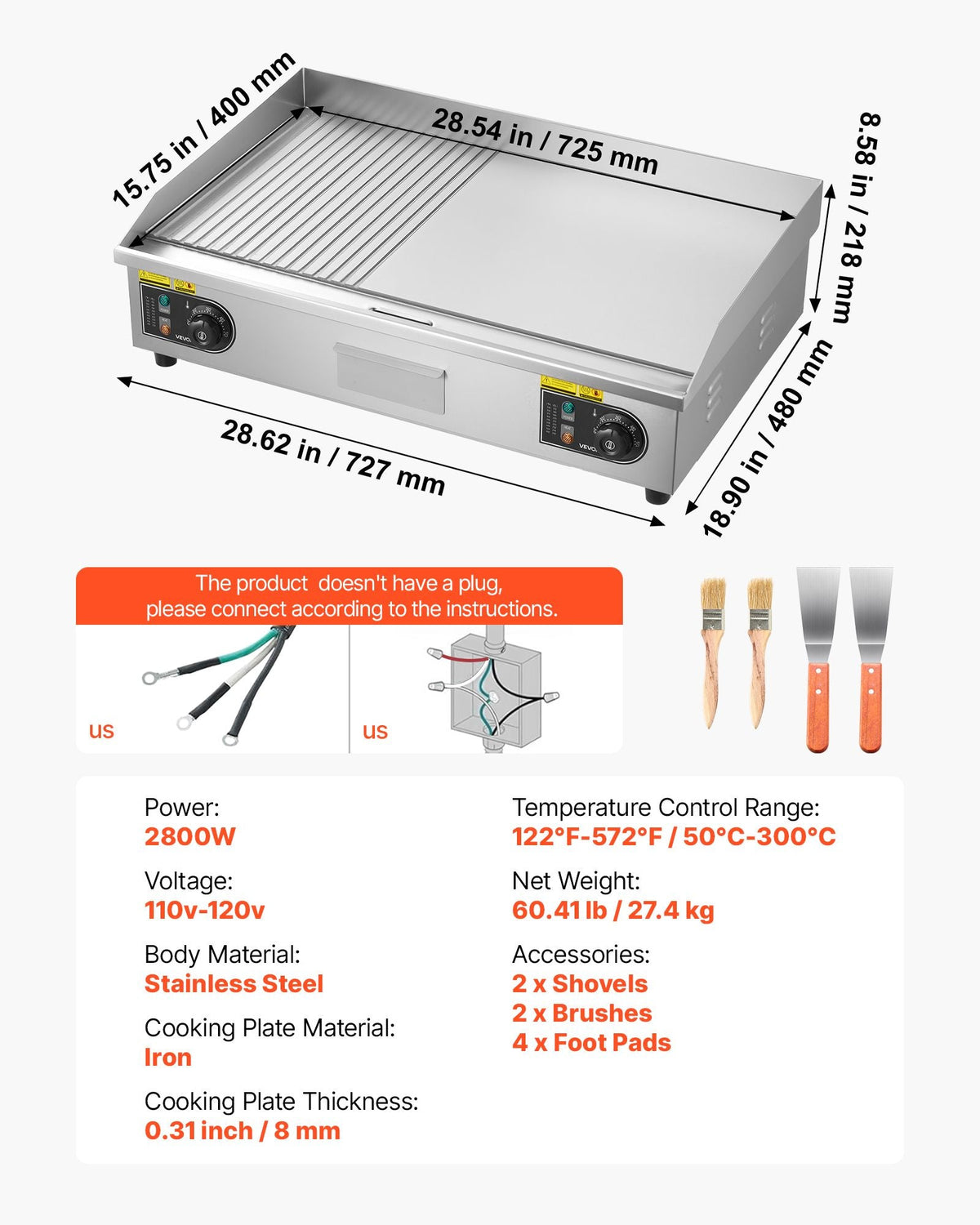Commercial Electric Griddle, 28.54 x 15.75 in, 2800W, 122-570°F Adjustable Temp Control, Stainless Steel, Half Grooved Half Flat, with 2 Spatulas, 2 Brushes, and 4 Foot Pads, for Steak(NO PLUG)