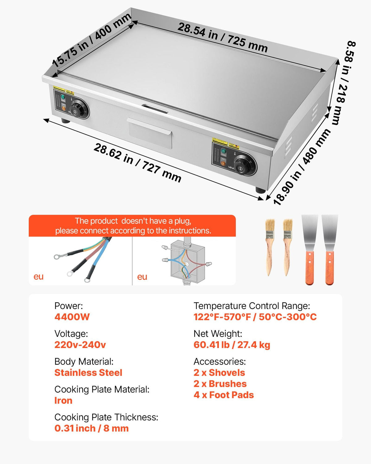 Commercial Electric Griddle, 28.54 x 15.75 in, 4400W, 122-570 Fahrenheit Adjustable Temp Control, Stainless Steel Countertop Full Flat Top Grill with 2 Spatulas and 2 Brushes