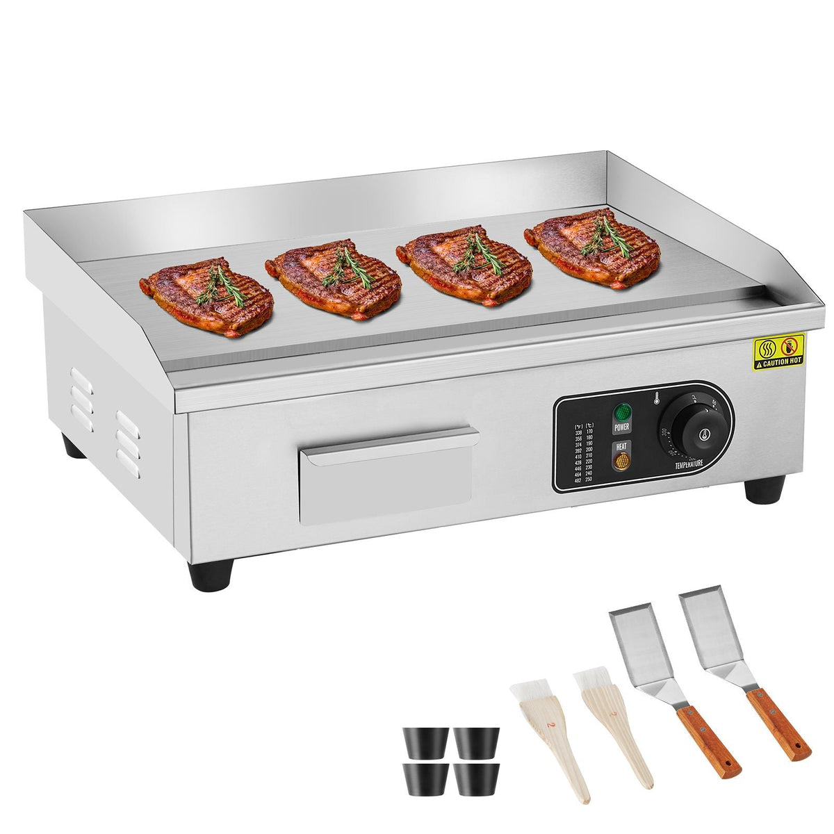 Commercial Electric Griddle, 3200W Countertop Flat Top Grill, 122-572 F Adjustable Temp, 21.26 x 11.81 x 0.39in Stainless Steel Griddle Grill with 2 Shovels and 2 Brushes for Home or Restaurant