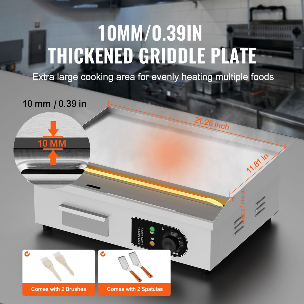 Commercial Electric Griddle, 3200W Countertop Flat Top Grill, 122-572 F Adjustable Temp, 21.26 x 11.81 x 0.39in Stainless Steel Griddle Grill with 2 Shovels and 2 Brushes for Home or Restaurant