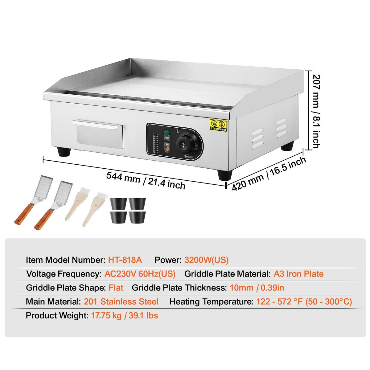 Commercial Electric Griddle, 3200W Countertop Flat Top Grill, 122-572 F Adjustable Temp, 21.26 x 11.81 x 0.39in Stainless Steel Griddle Grill with 2 Shovels and 2 Brushes for Home or Restaurant