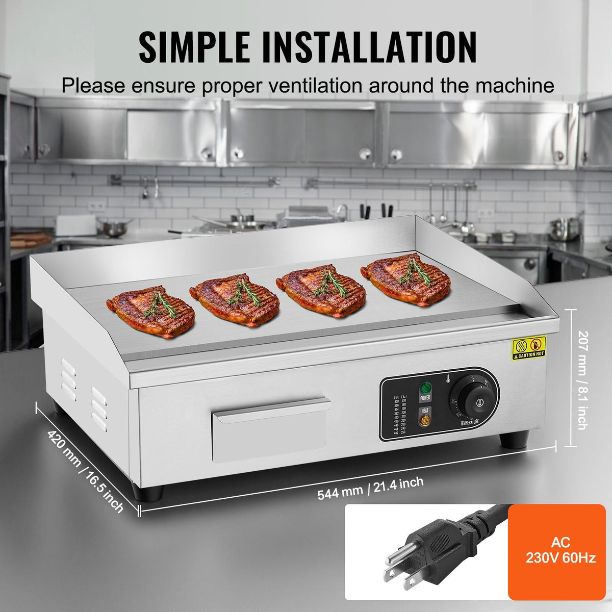 Commercial Electric Griddle, 3200W Countertop Flat Top Grill, 122-572 F Adjustable Temp, 21.26 x 11.81 x 0.39in Stainless Steel Griddle Grill with 2 Shovels and 2 Brushes for Home or Restaurant