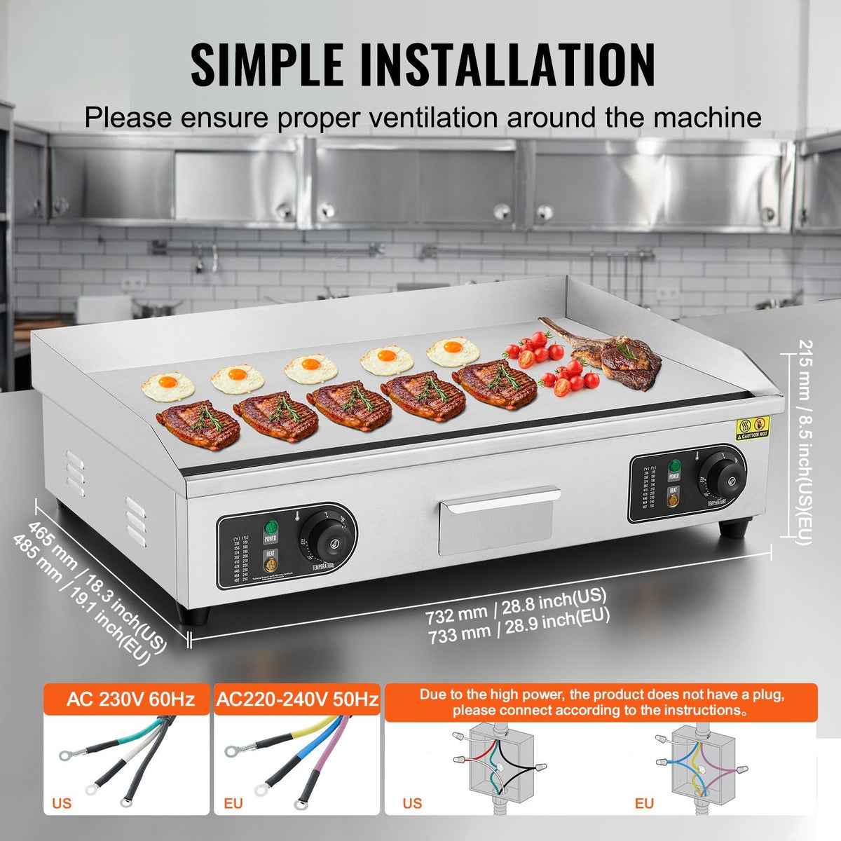 Commercial Electric Griddle, 4400W Countertop Flat Top Grill, 122-572 F Adjustable Temp, 28.74 x 15.75 x 0.39in Stainless Steel Griddle Grill with 2 Shovels, for Home or Restaurant(No Plug)