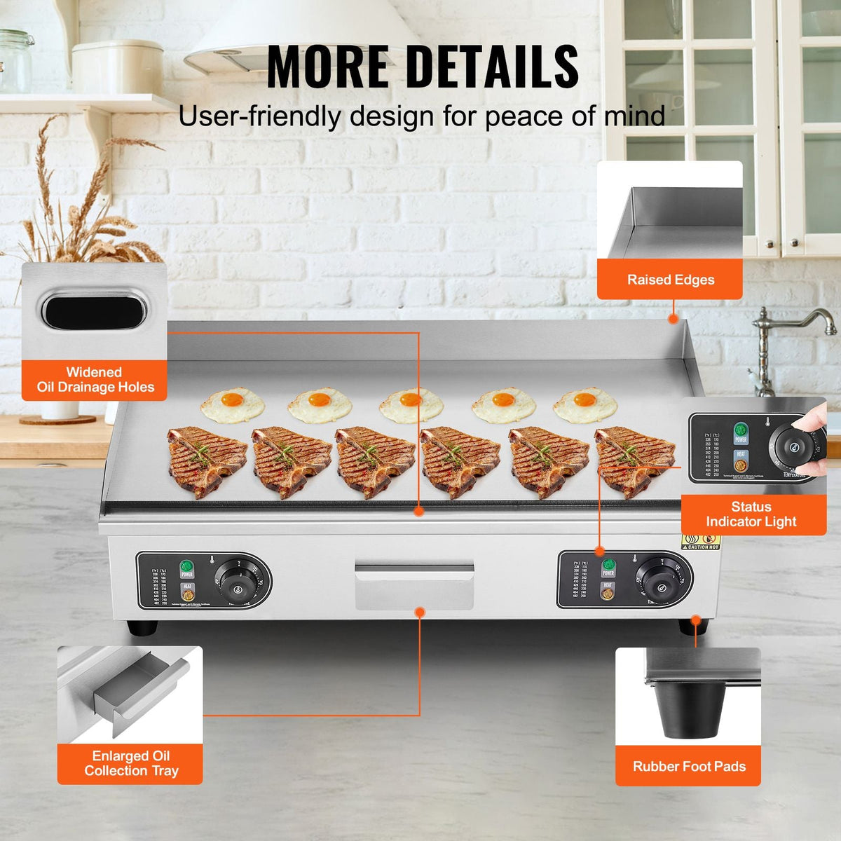 Commercial Electric Griddle, 4400W Countertop Flat Top Grill, 122-572 F Adjustable Temp, 28.74 x 15.75 x 0.39in Stainless Steel Griddle Grill with 2 Shovels, for Home or Restaurant(No Plug)