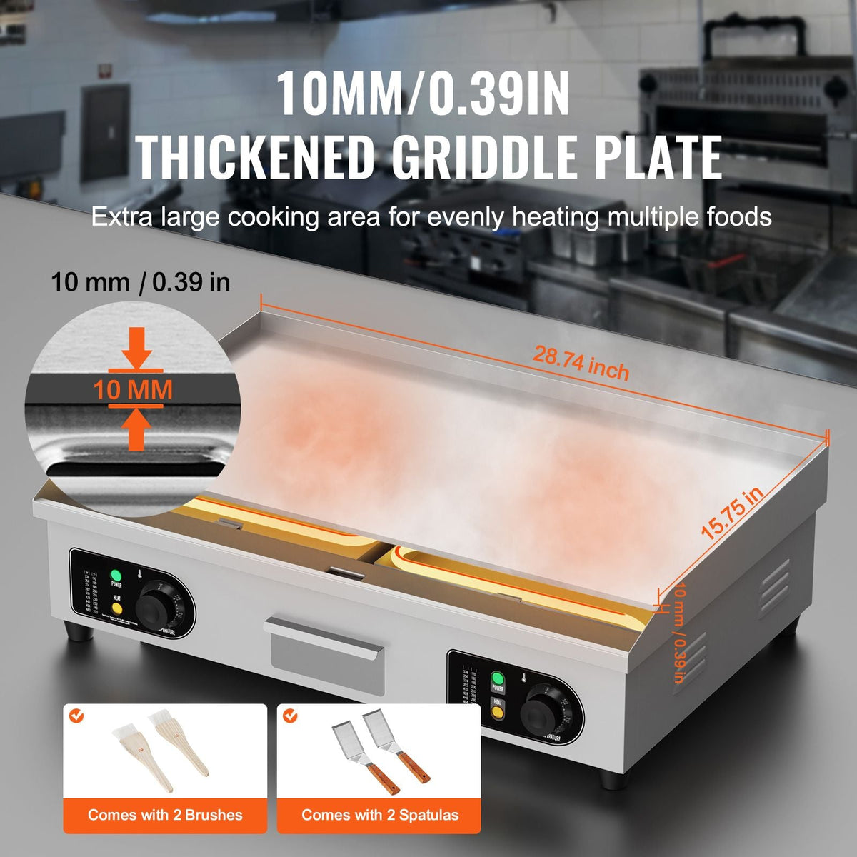 Commercial Electric Griddle, 4400W Countertop Flat Top Grill, 122-572 F Adjustable Temp, 28.74 x 15.75 x 0.39in Stainless Steel Griddle Grill with 2 Shovels, for Home or Restaurant(No Plug)