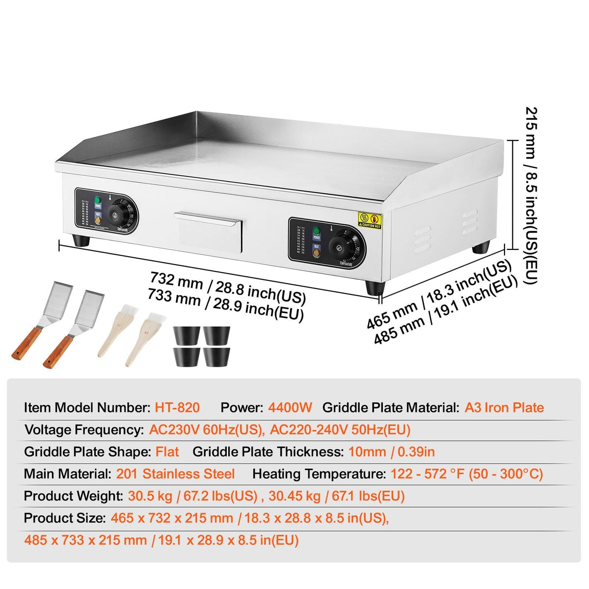 Commercial Electric Griddle, 4400W Countertop Flat Top Grill, 122-572 F Adjustable Temp, 28.74 x 15.75 x 0.39in Stainless Steel Griddle Grill with 2 Shovels, for Home or Restaurant(No Plug)