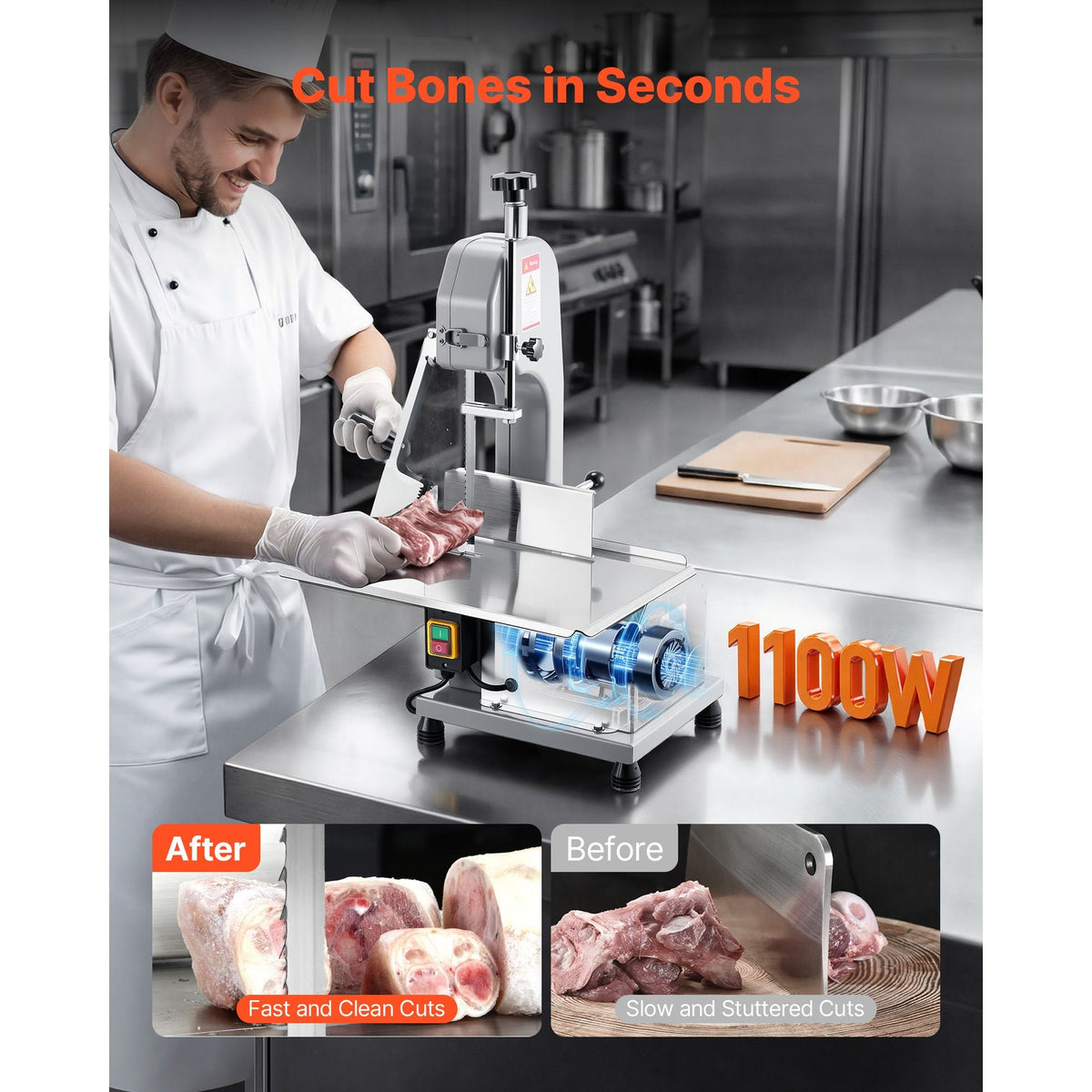 Commercial Electric Meat Bandsaw, 1100W Bone Sawing Machine with 12.4" x 18.1" Workbench, 0-4.3" Cutting Thickness, 7 Extra Replacement Blades, for Cutting Bone, Frozen Meat, Pork, Beef & Ribs