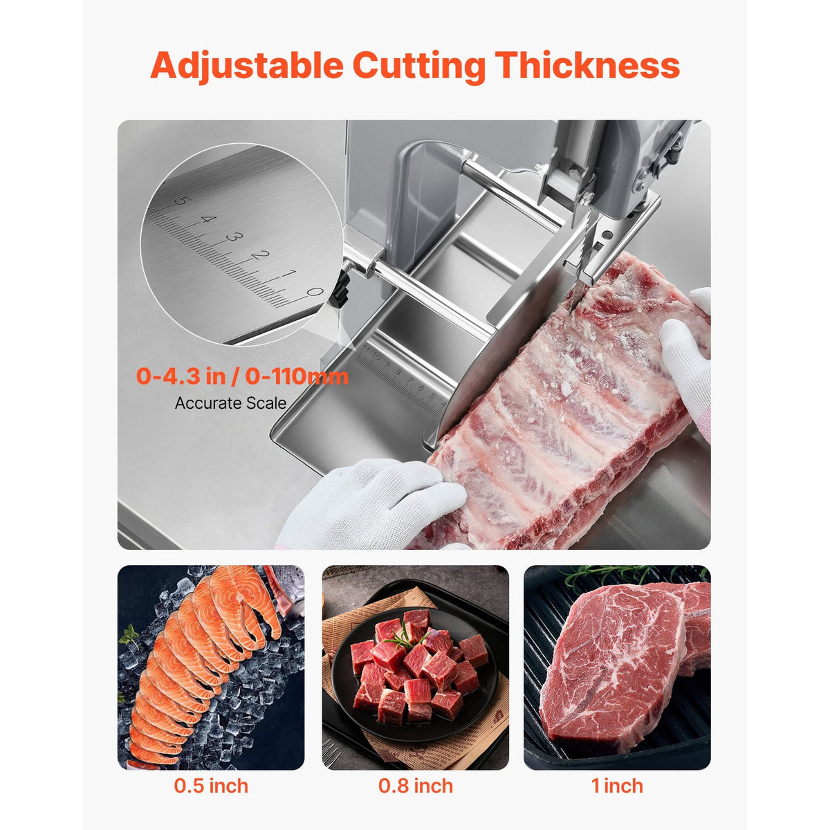 Commercial Electric Meat Bandsaw, 1100W Bone Sawing Machine with 12.4" x 18.1" Workbench, 0-4.3" Cutting Thickness, 7 Extra Replacement Blades, for Cutting Bone, Frozen Meat, Pork, Beef & Ribs