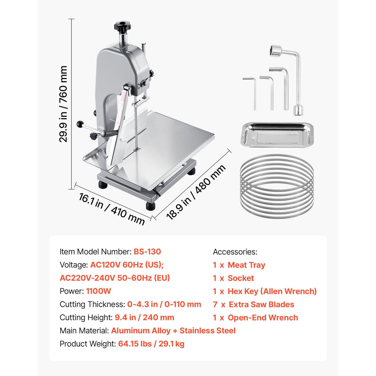 Commercial Electric Meat Bandsaw, 1100W Bone Sawing Machine with 12.4" x 18.1" Workbench, 0-4.3" Cutting Thickness, 7 Extra Replacement Blades, for Cutting Bone, Frozen Meat, Pork, Beef & Ribs