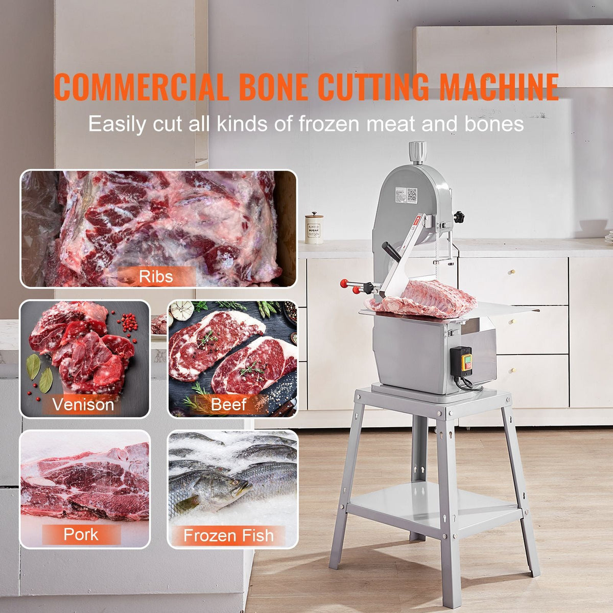 Commercial Electric Meat Bandsaw, 1500W Stainless Steel Vertical Bone Sawing Machine, Workbeach 19.3" x 15", 0.16-7.9 Inch Cutting Thickness, Frozen Meat Cutter with 6 Blades for Rib Pork Beef