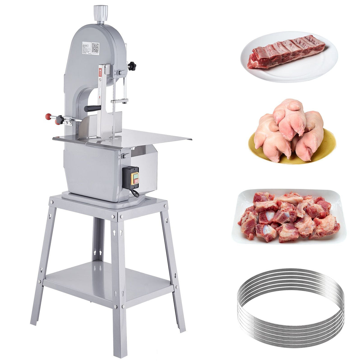 Commercial Electric Meat Bandsaw, 1500W Stainless Steel Vertical Bone Sawing Machine, Workbeach 19.3" x 15", 0.16-7.9 Inch Cutting Thickness, Frozen Meat Cutter with 6 Blades for Rib Pork Beef