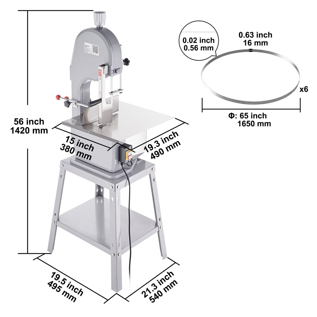 Commercial Electric Meat Bandsaw, 1500W Stainless Steel Vertical Bone Sawing Machine, Workbeach 19.3" x 15", 0.16-7.9 Inch Cutting Thickness, Frozen Meat Cutter with 6 Blades for Rib Pork Beef