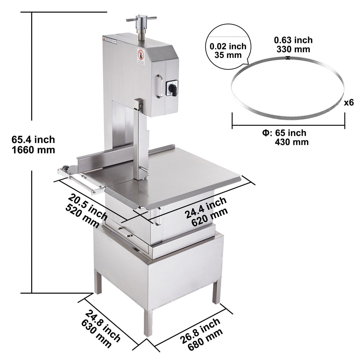Commercial Electric Meat Bandsaw, 2200W Stainless Steel Vertical Bone Sawing Machine, Workbeach 24.4" x 20.5", 0.16-8.7 Inch Cutting Thickness, Frozen Meat Cutter with 6 Blades for Rib Pork Beef