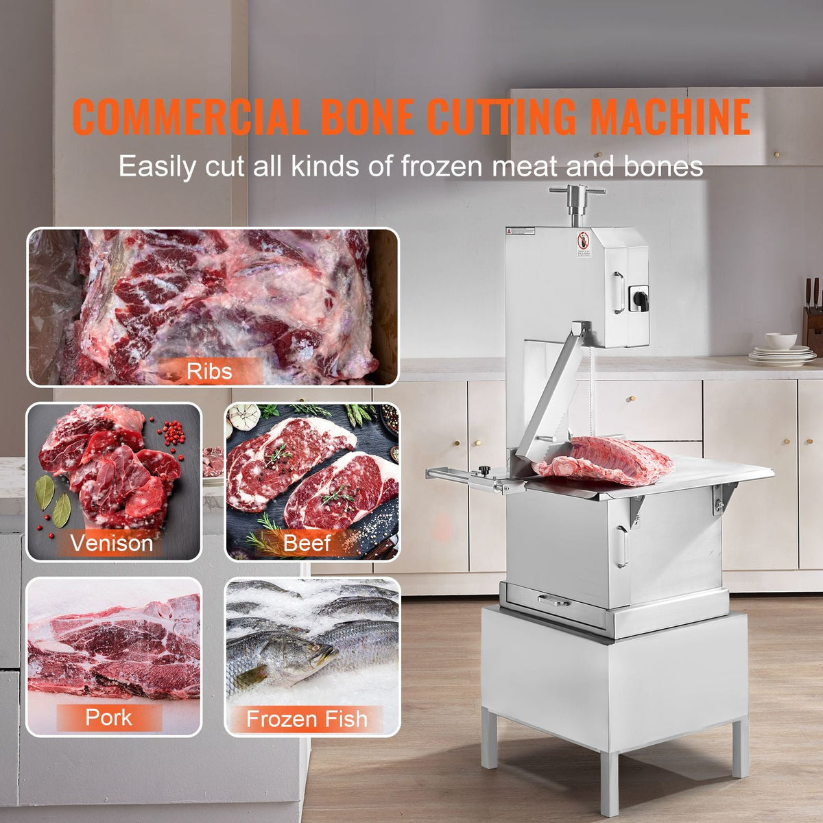 Commercial Electric Meat Bandsaw, 2200W Stainless Steel Vertical Bone Sawing Machine, Workbeach 24.4" x 20.5", 0.16-8.7 Inch Cutting Thickness, Frozen Meat Cutter with 6 Blades for Rib Pork Beef
