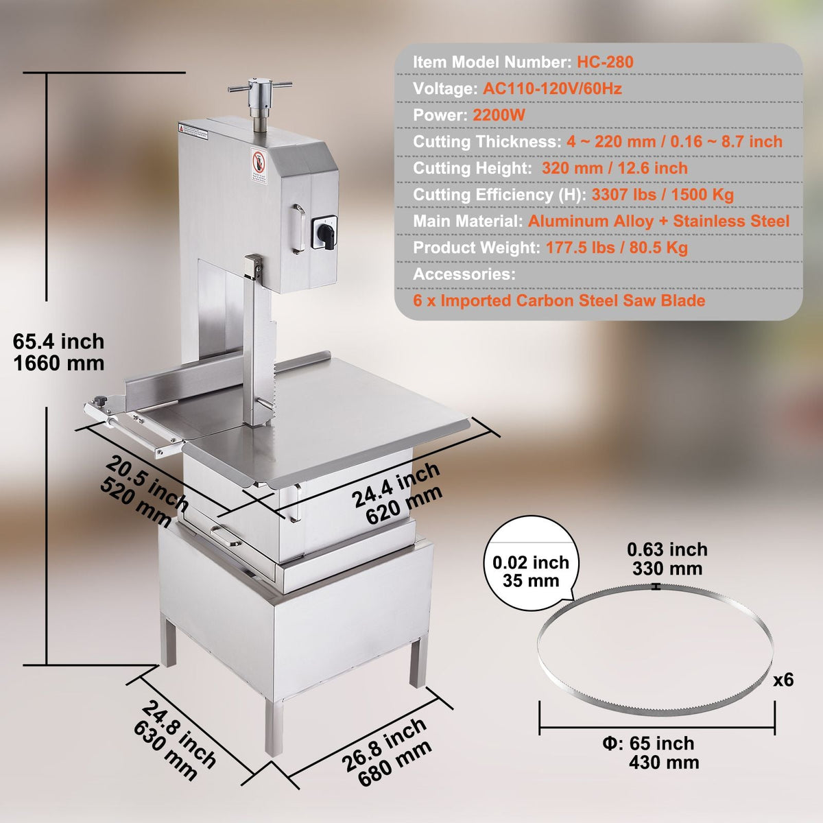 Commercial Electric Meat Bandsaw, 2200W Stainless Steel Vertical Bone Sawing Machine, Workbeach 24.4" x 20.5", 0.16-8.7 Inch Cutting Thickness, Frozen Meat Cutter with 6 Blades for Rib Pork Beef