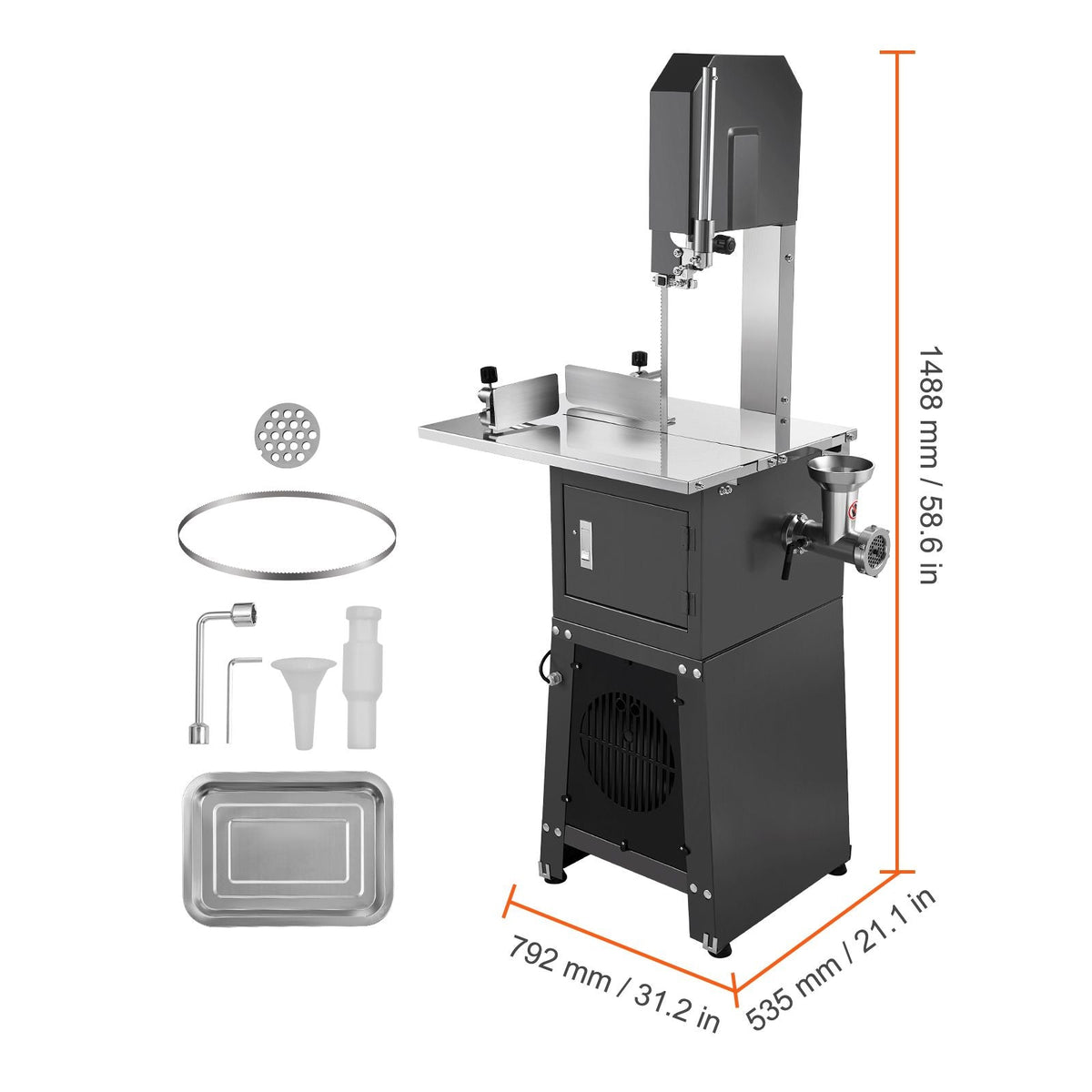 Commercial Electric Meat Bandsaw, 550W Stainless Steel Vertical Bone Sawing Machine, 19.1"x15" Workbench, 7.09 Inch Cutting Thickness, Frozen Meat Cutter with Blade for Rib Pork Beef