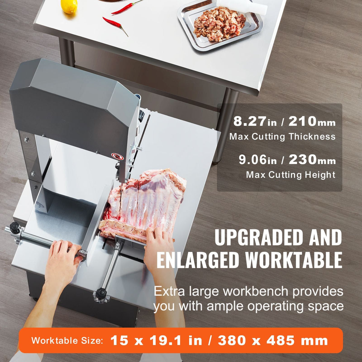 Commercial Electric Meat Bandsaw, 550W Stainless Steel Vertical Bone Sawing Machine, 19.1"x15" Workbench, 7.09 Inch Cutting Thickness, Frozen Meat Cutter with Blade for Rib Pork Beef