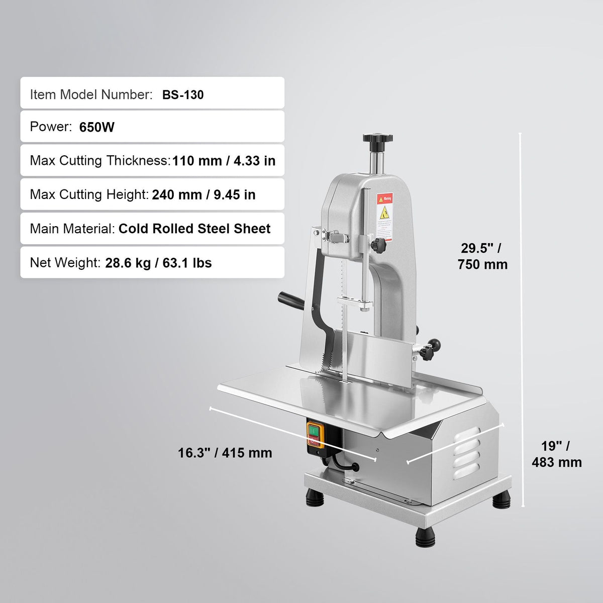 Commercial Electric Meat Bandsaw, 650W Stainless Steel Countertop Meat Sawing Machine, Workbench 12.4" x 18.1", 4.33 Inch Max Cutting Thickness, Frozen Fish Cutter for Rib Pork Beef