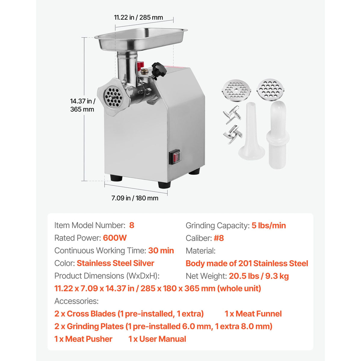 Commercial Electric Meat Grinder, 5 lbs/min Capacity, #8 Industrial Meat Mincer with 2 Stainless Steel Blades, 2 Grinding Plates, 600W Heavy-Duty Sausage Maker Stuffer, for Kitchen, Restaurant