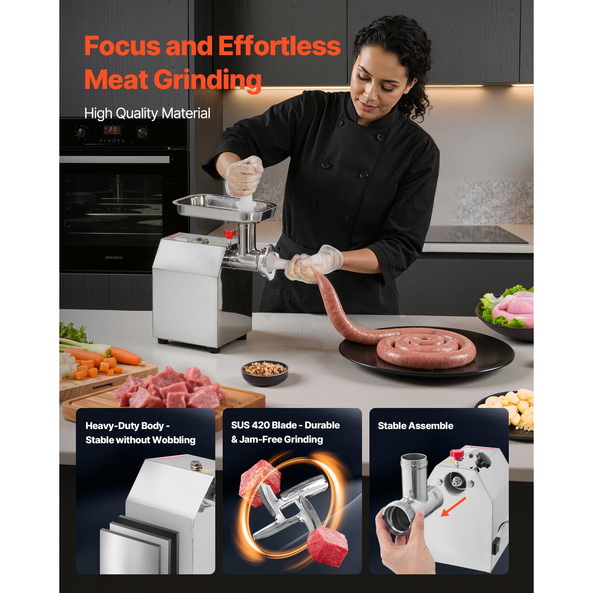 Commercial Electric Meat Grinder, 5 lbs/min Capacity, #8 Industrial Meat Mincer with 2 Stainless Steel Blades, 2 Grinding Plates, 600W Heavy-Duty Sausage Maker Stuffer, for Kitchen, Restaurant