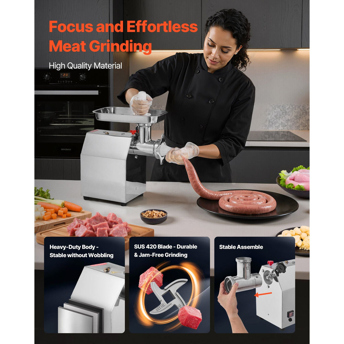 Commercial Electric Meat Grinder, 7 lbs/min Capacity, #12 Industrial Meat Mincer with 2 Stainless Steel Blades, 2 Grinding Plates, 850W Heavy-Duty Sausage Maker Stuffer, for Kitchen, Restaurant