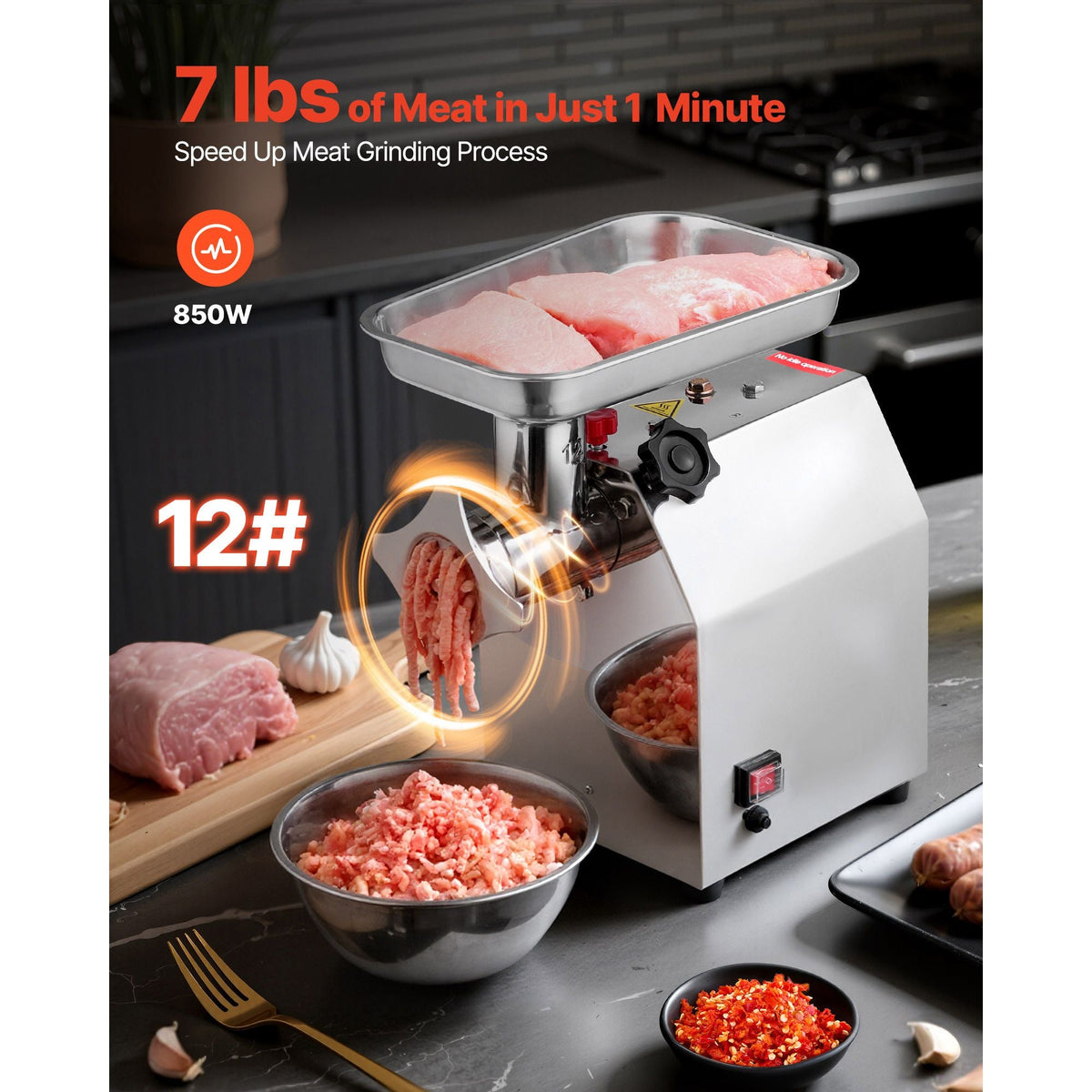 Commercial Electric Meat Grinder, 7 lbs/min Capacity, #12 Industrial Meat Mincer with 2 Stainless Steel Blades, 2 Grinding Plates, 850W Heavy-Duty Sausage Maker Stuffer, for Kitchen, Restaurant