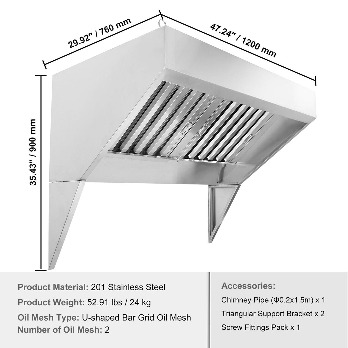 Commercial Exhaust Hood, 4FT Food Truck Hood Exhaust, 201 Stainless Steel Concession Trailer Hood with 2 Detachable U-shaped Grid Oil Filter Mesh, Rust Resistant Vent Hood for Kitchen Restaurant
