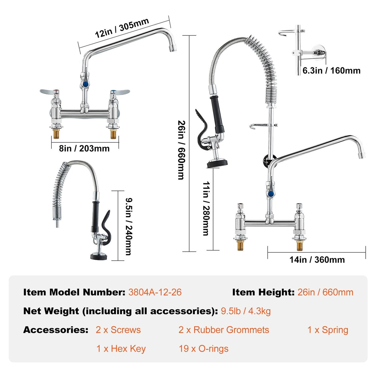 Commercial Faucet with Pre-Rinse Sprayer, 26" Height, 8" Center, 12" Swing Spout, Deck Mount Kitchen Sink Faucet, Brass Constructed Device with Pull Down Spray, for 1/2/3 Compartment Sink